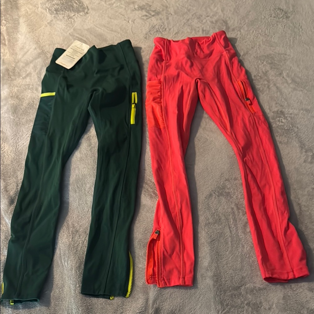 Fabletics Forest Green Leggings with Neon Accents